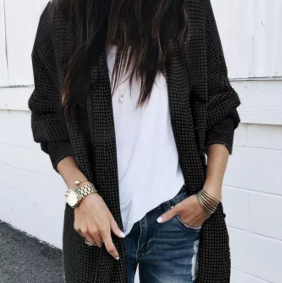 1 XL left 😊New Black Plaid Knitted Long Open Front Cardigan💔clearance price - Picture 2 of 16